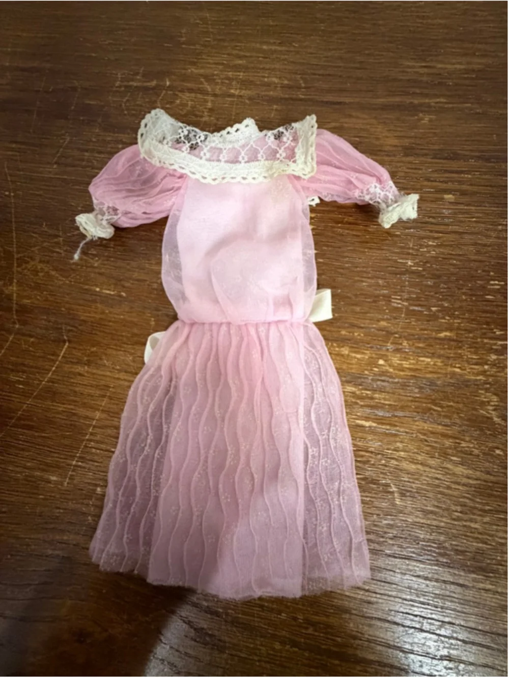 Vintage Barbie Dress Pink Lace Sheer Overlay Ribbon Belt 1960s Style Doll Clothe